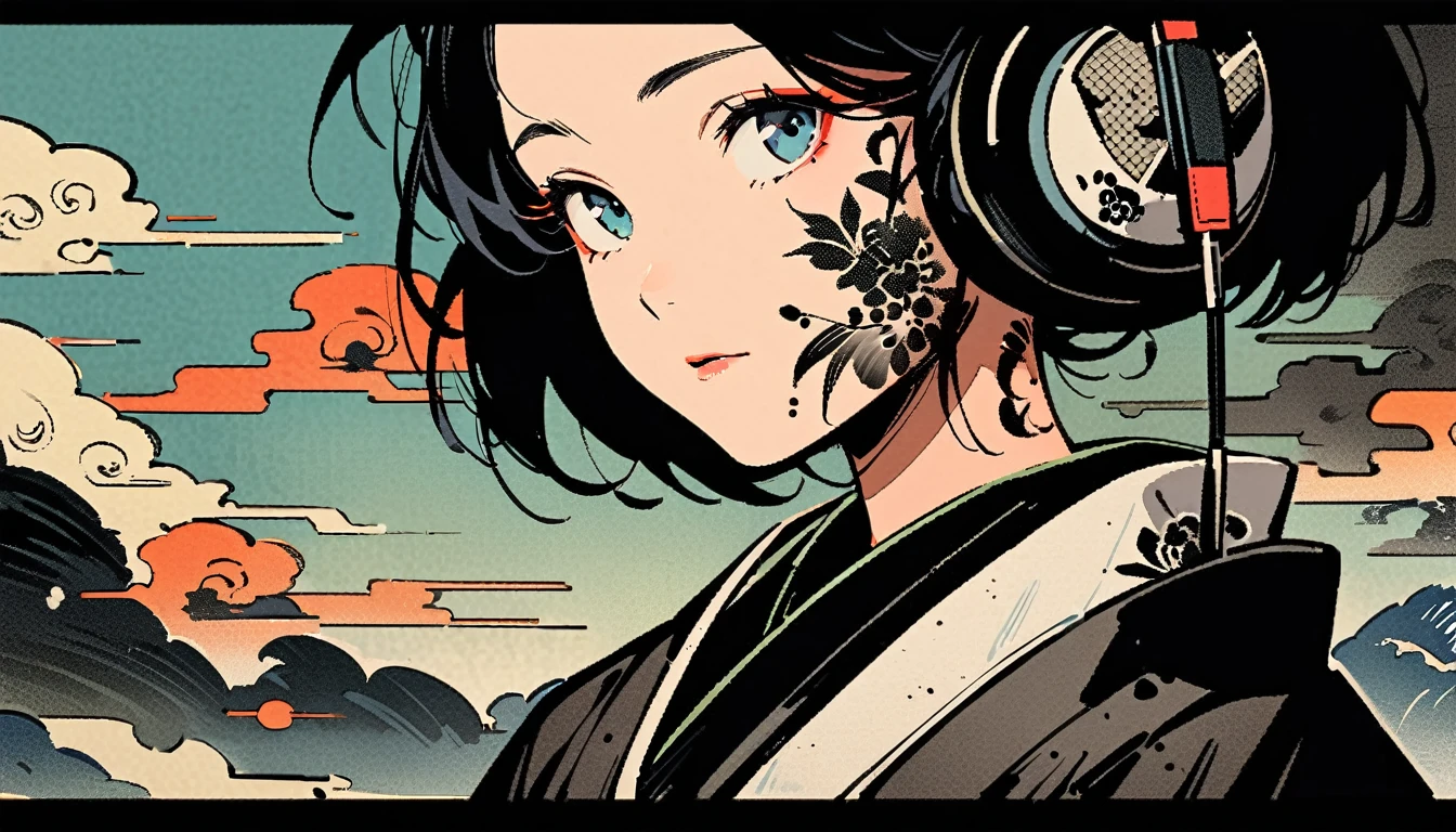 Ink Painting, 1 girl, Tattoo on face, Japanese style headphones, Japanese beauty, Black Hair, kimono, Delicate and precise, Modern ukiyo-e style, Multicolored background, head shot