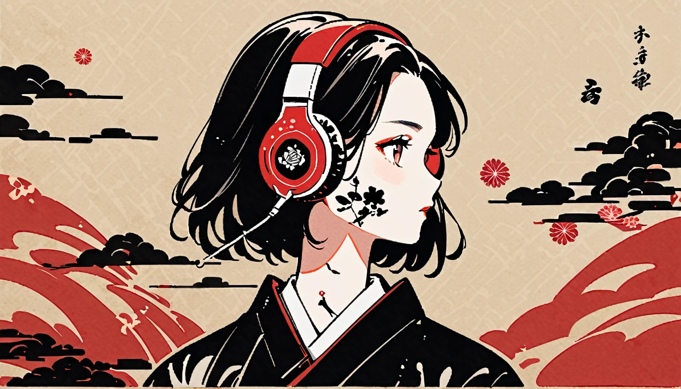 Ink Painting, 1 girl, Tattoo on face, Japanese style headphones, Japanese beauty, Black Hair, kimono, Delicate and precise, Modern ukiyo-e style, Multicolored background, head shot