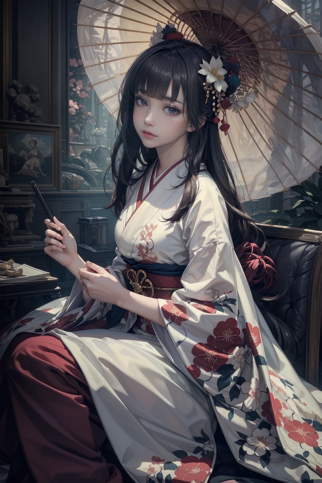 Masterpiece, best quality, 8k, 1 girl, (hand holding paper umbrella:1.2) black hair, long hair, black eyes, smile, hanfu, martial arts, blood, bamboo forest,
