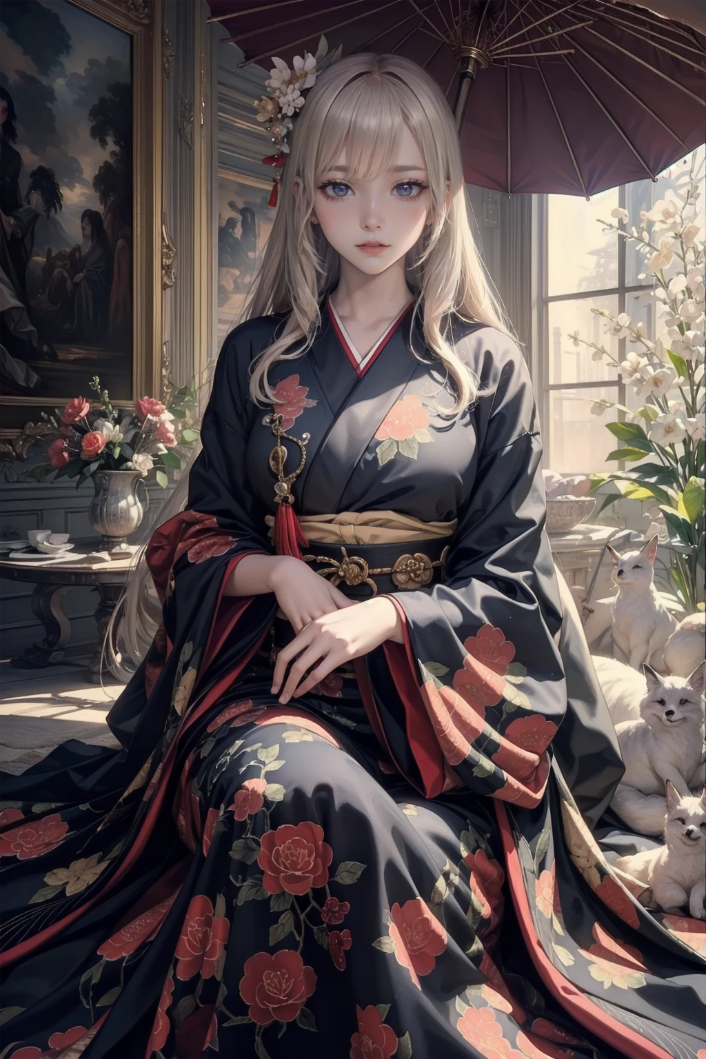 Realistic One Girl, Detailed beautiful fox ghost girl, Wearing a red floral kimono and holding a Japanese umbrella, Long, straight, black and white gradient hair, Blunt bangs, Flowing Hair, Beautiful attention to detail, Kabuki-style eye makeup, Beautiful lip detail, Detailed facial features, Detailed Hair, Detailed skin, Detailed costume, Kyoto townhouse background, 輝くMagicオーラ, Mysterious, Magic, Fantasy, Whimsical, artistic, Vibrant colors, Cinema Lighting, Award-winning, (Highest quality, 16K, High resolution, masterpiece:1.2), (Ultra-realistic, Realistic:1.37), (Intricate details:1.2), (Depth of written boundary:1.1), Very detailed, Cinema Lighting, Warm color palette, Complex Pattern, elegant, elegant, Mysterious