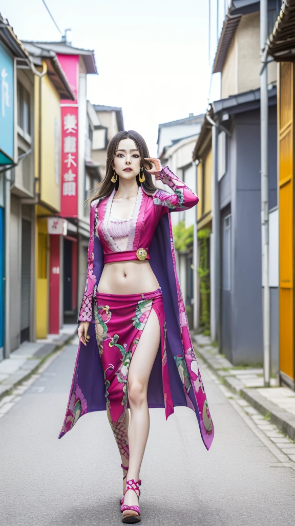 Moisturized skin, (Pink and bright eyes), (Looking down on someone), Perfect body,
(Beautiful navel), (Side slit), (Epaulets), Cape, Crop top, Cloak,
(Super long hair), (Large gold and curved earrings: 1.2),
(((Excellent + Top quality + High resolution + Very detailed))), (Full body: 1.2), Symmetrical, One shot,
(Japanese city streets: 1.3),
(ONE PIECE), (Kasumi Arimura: 1.4), (Boa Hancock: 1.3), ((Large snake)),