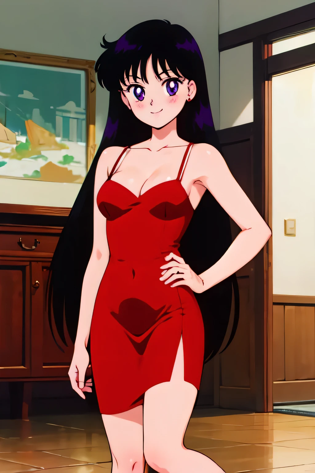 1990s \(style\), Best quality, masterpiece, Teenager, Rei Hino, Long black hair, purple eyes, Smile, Bare Neck, Bare Arms, Bare Shoulders, red dress, taut dress, spaghetti strap red skin tight dress, sleeveless, medium breast, standing up, right hand on hip, left hand on knee, blush, looking at viewer, indoor, in the center, cleavage 