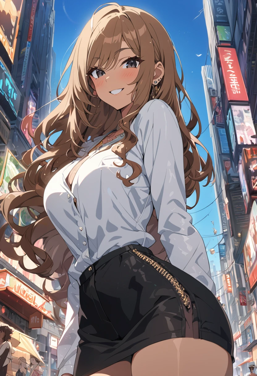 masterpiece, best quality, high quality, detailed, ultra detailed, hyper detailed, insanely detailed, exquisite, beautiful, city, woman, delightful, grinning, standing, looking at viewer, long hair, brown hair, black eyes, wheatish skin, tall, glamorous, voluptuous, gyaru, , piercing, necklace, in the city, in the afternoon, cel anime, upper body, from front, from below, golden ratio, midday