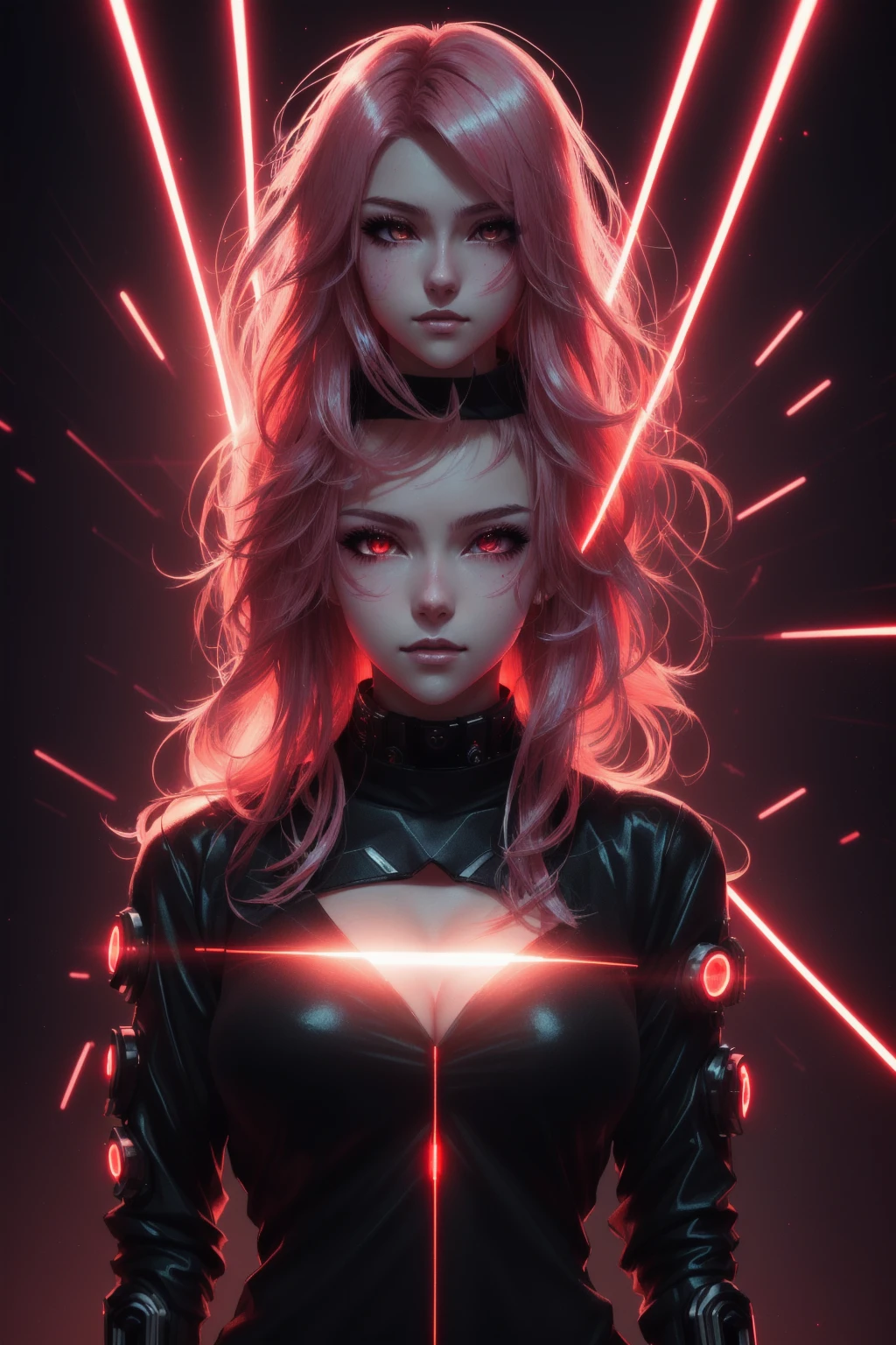 a close up of a woman in a black top and red laser lights, bright aura, bright aura white light, badass anime 8 k, bright and cinematic lighting, anime style 4 k, emitting bright red aura, glowing, white aura, cyberpunk anime girl, female cyberpunk anime girl, anime cyberpunk art, alena aenami and artgerm