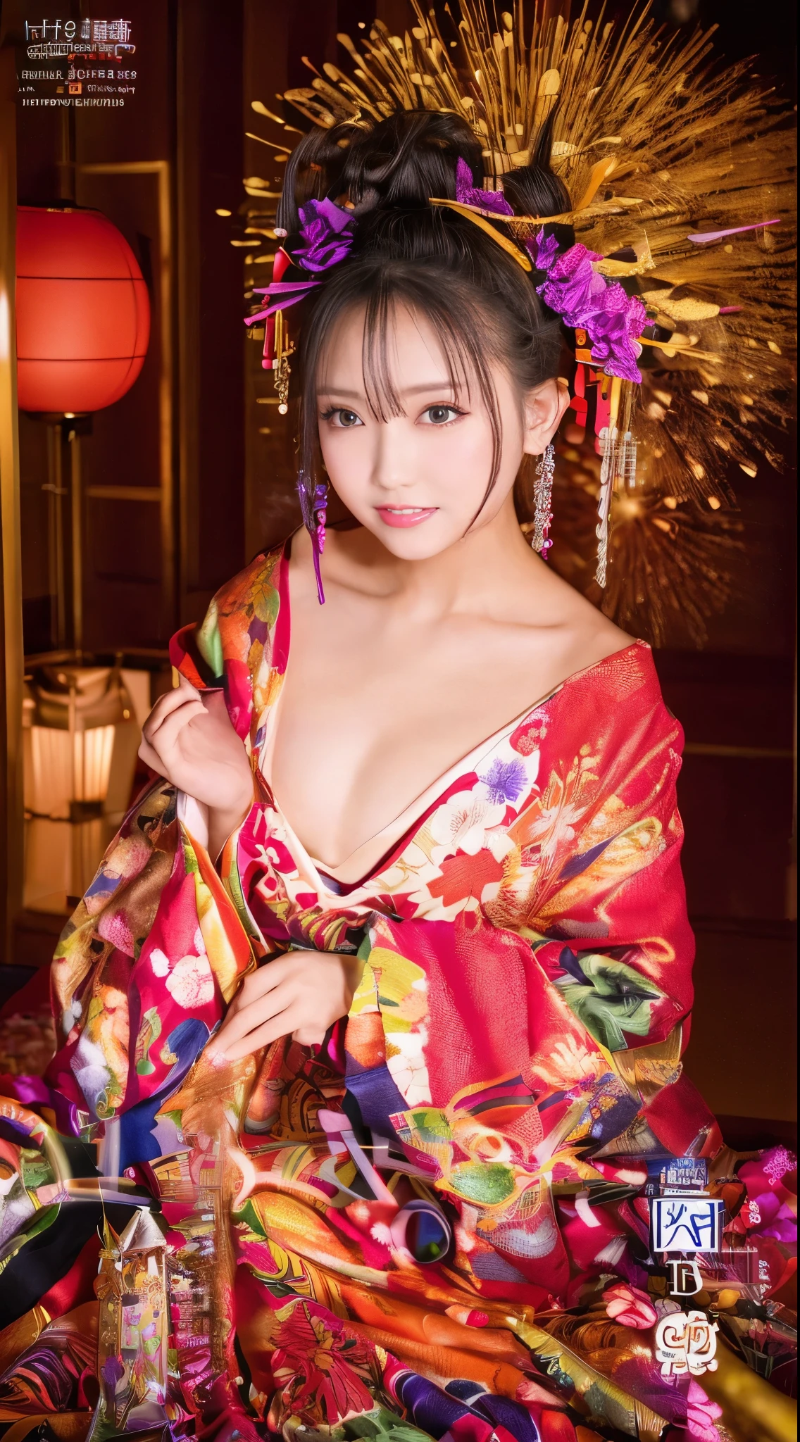 ((masterpiece(:1.4),Highest quality,Ultra-high resolution,Highest quality,8k,Extremely detailed,In detail))。night,Fireworks display,Japanese,A beautiful woman,Big Breasts,Flashy gal makeup,Oiran,Long-sleeved kimono,Hair tying,hair ornaments,smoke tube,geta,Gorgeous and luxurious,(Fireworks displayのnightに河川敷で花火を背景にしたスナップ写真),Hyper Quality