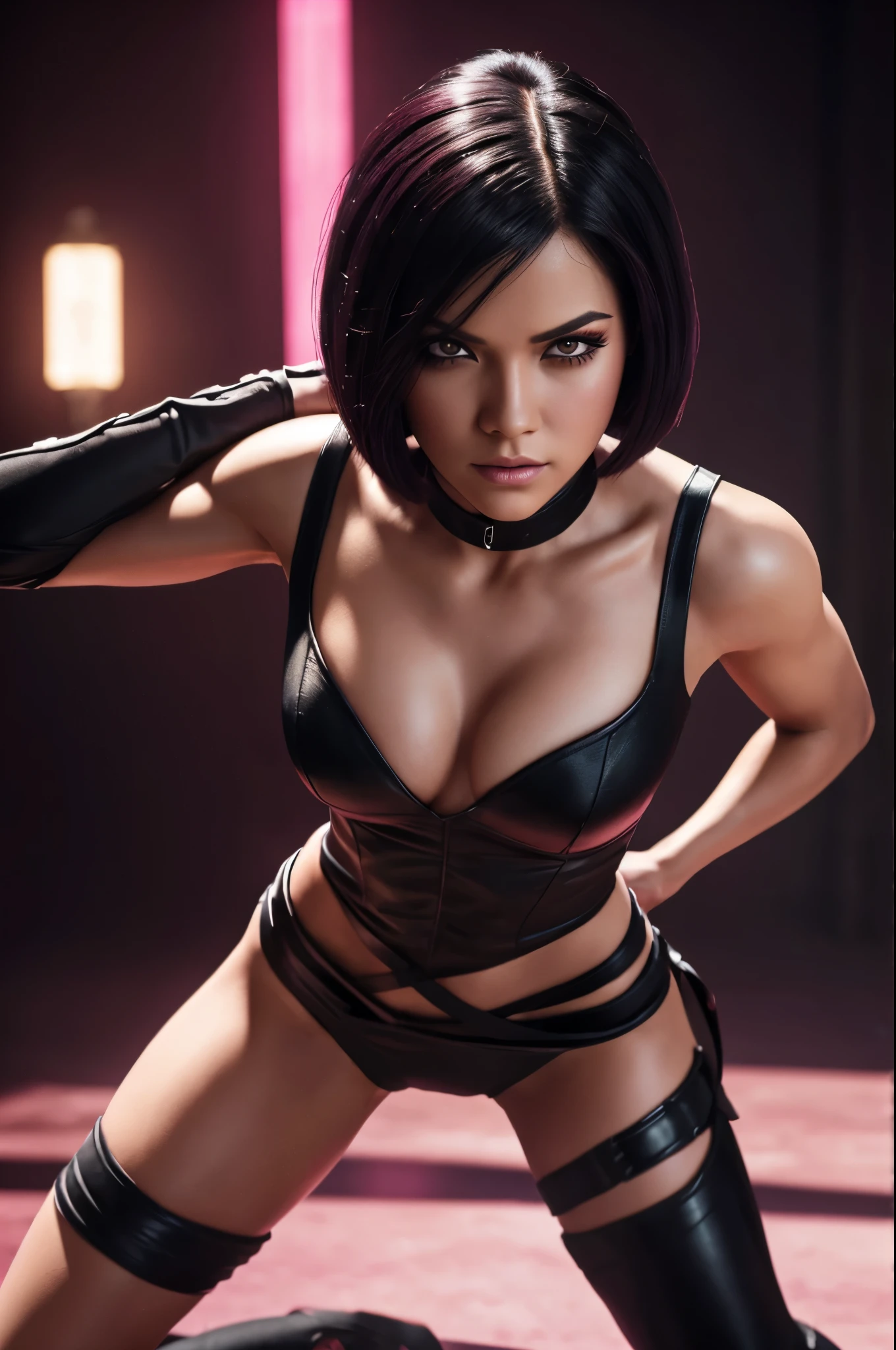 a detailed portrait of Mileena from mortal kombat, photorealistic digital art, full body epic battle pose, black and pink body costume, black hair with pink streaks, (best quality,4k,8k,highres,masterpiece:1.2),ultra-detailed,(realistic,photorealistic,photo-realistic:1.37),highly detailed face, beautiful detailed eyes, beautiful detailed lips, extremely detailed eyes and face, long eyelashes, epic battle stance, dynamic pose, rose pink accents, moody lighting, dramatic shadows, cinematic composition, bob haircut, half-face mask