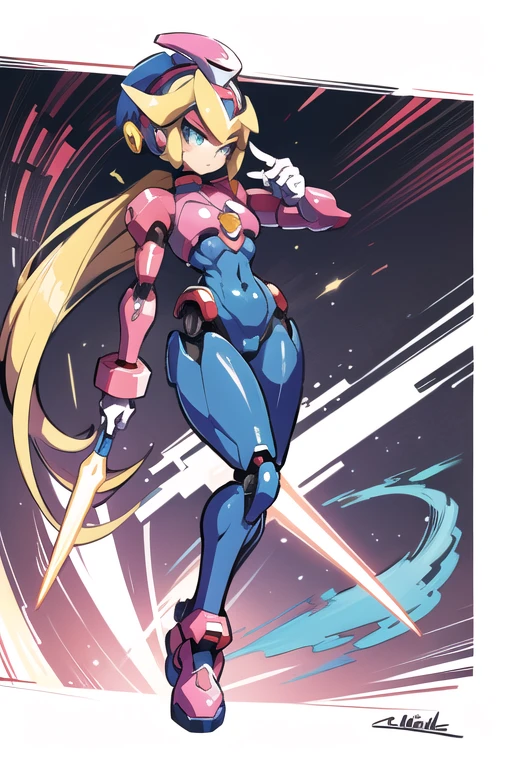 Mega Man-style girl robot, A cyborg figure in a cartoon-inspired art style ,She has medium breasts and a curvy ass,