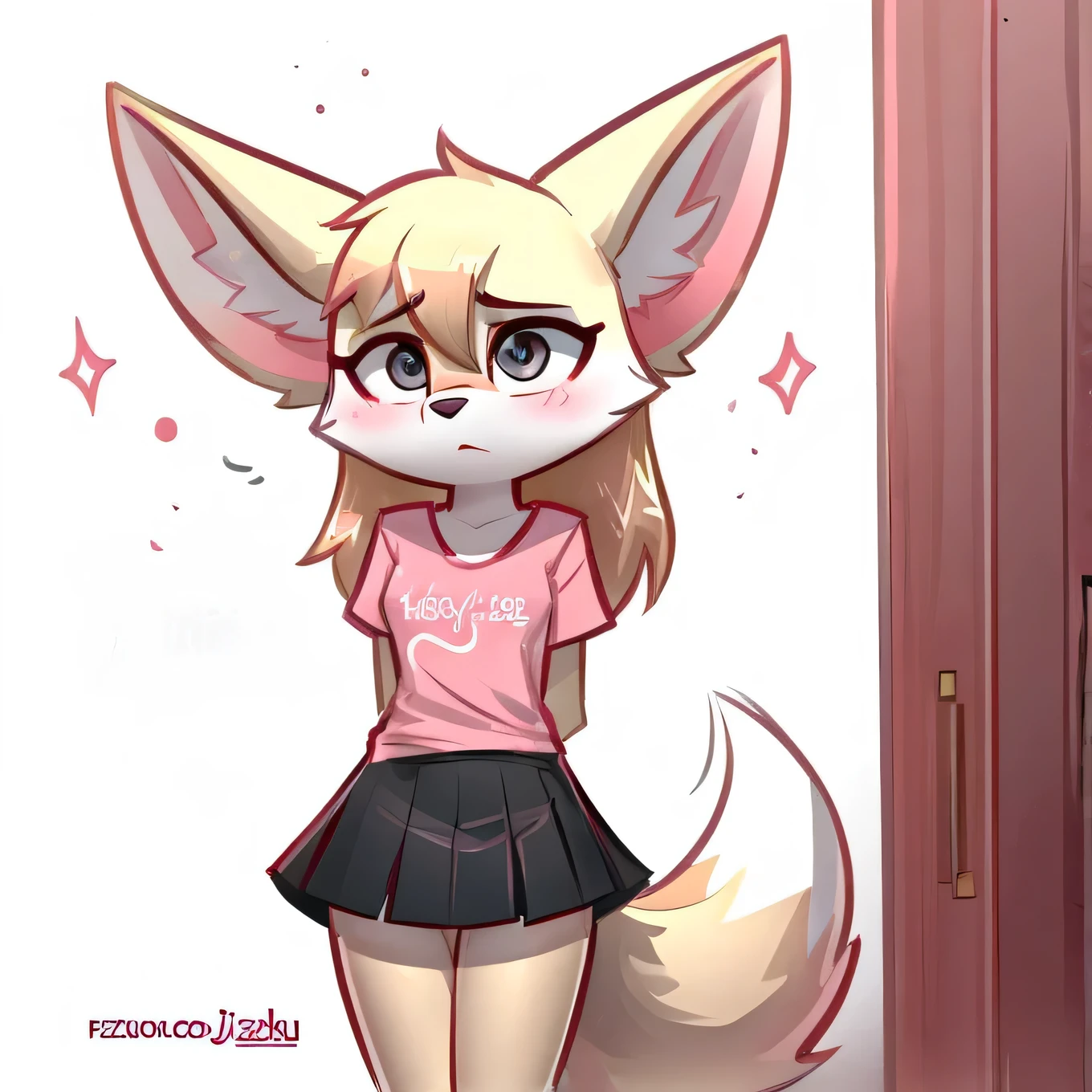 Solo, Cinematic, Fennec, female, furry, small breasts, wearing a pink t-shirt and a mini skirt, long fluffy tail, completely white fur, white body, tired, embarrassed, standing, White background, extremely detailed, beautiful and detailed dilated eyes, grey eyes, full body, ((By jizoku))