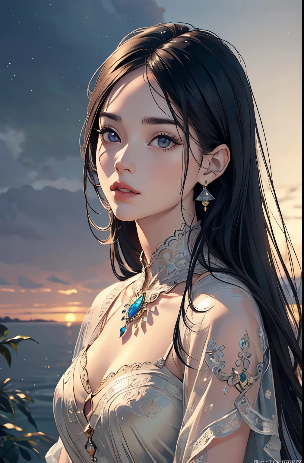 1girl, beautiful face, long black hair, detailed eyes, beautiful detailed eyes, beautiful detailed lips, extremely detailed face, jewelry, alone, resting, art, (best quality,4k,8k,highres,masterpiece:1.2),ultra-detailed,(realistic,photorealistic,photo-realistic:1.37),intricate, high-quality, cinematic lighting, detailed shading, delicate, graceful, serene, pensive, elegant, refined