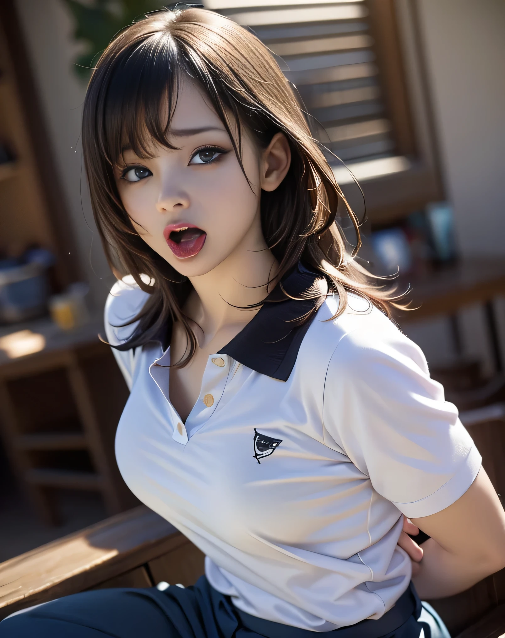 Photo quality,Masterpiece,Realistic,(14 year old cute Japanese girl:1.9),(Detailed young face:1.9),(Very embarrassed look:1.9),(Thin legs:1.9),((wear open-chested clothes:1.9)),(Raise one leg:1.9),(Taking photos at the Comiket venue,Inner thigh visible:1.9),((Droopy eyes:1.9)),((Body type of a 14 year old girl,Small Tits:1.9)),(Cute trendy hairstyle:1.9),((Skinny Legs)),Very pale skin,Show your forehead,Detailed body,Detailed hands,No makeup