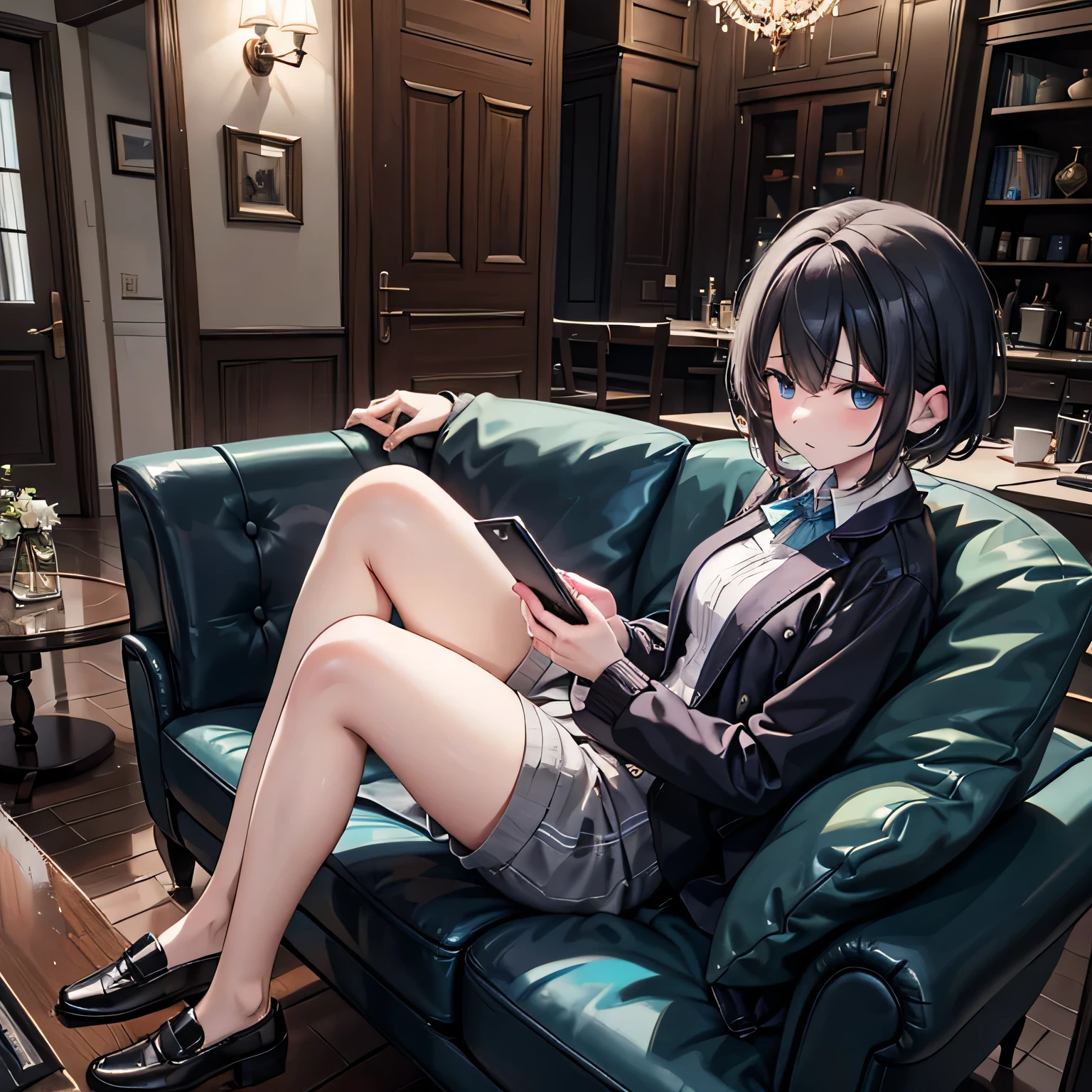 Several men and women, Sitting on the couch, Looking at mobile phone. A look of mad mockery,