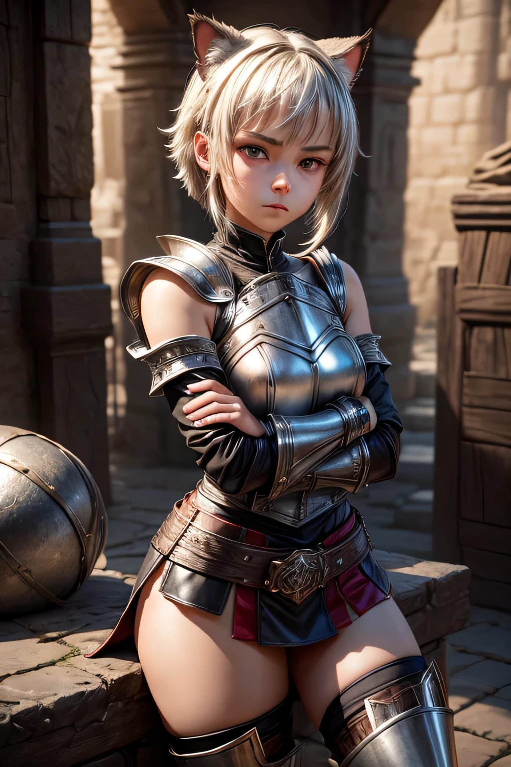 Kizi , 15 years old, wearing an armor top, shoulder armor, gladiator style mini skirt, long thigh-high boots, crossed arms, very short hair, ashen hair, Cat's ears, face with arrogant expression, medieval female cosplay style, young and beautiful face, 3d realistic anime style image