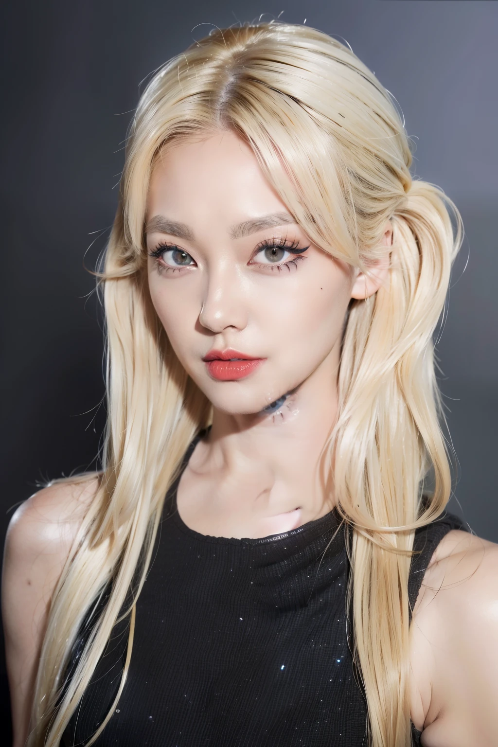 (8k, 4K, best quality, mackerel, ultra high resolution:1.1), (masterpiece, realistic, photo-realistic:1.1), 1 woman, face, enlargement, twin tail, blonde hair, black eye, red lips, (looking at viewer:2), ridiculously long hair, long eyelashes, eye shadow, small face, big eyes,
bare shoulders,
high contrast,