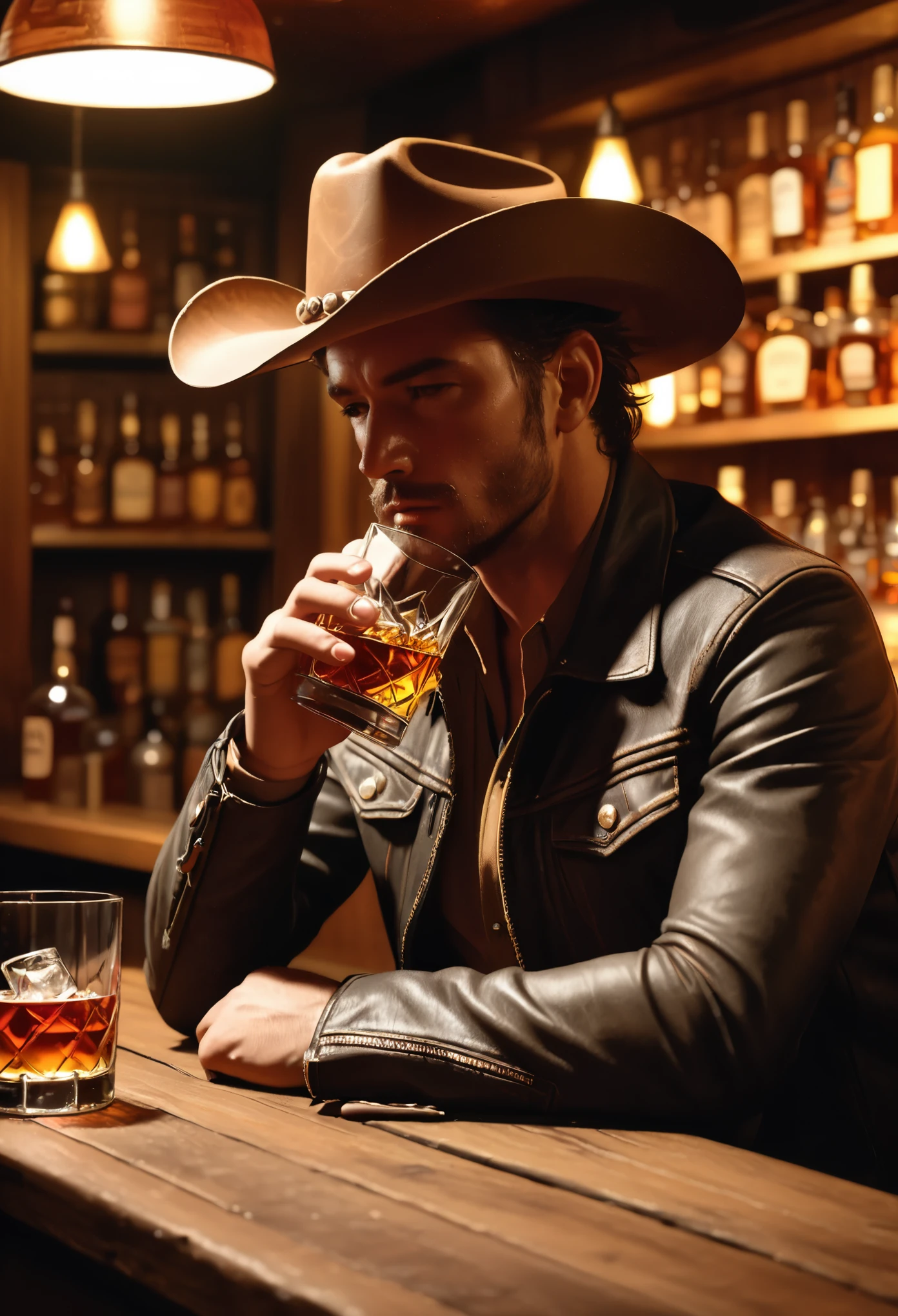 a cowboy drowned in alcohol at a western bar counter, 1 man, detailed realistic face, drinking whiskey, cowboy hat, messy hair, rough stubble, sad expression, worn leather jacket, dusty jeans, cowboy boots, wooden bar counter, glass of whiskey, dim lighting, warm brown tones, cinematic composition, moody atmosphere, (best quality,4k,8k,highres,masterpiece:1.2),ultra-detailed,(realistic,photorealistic,photo-realistic:1.37),cinematic lighting,dramatic shadows,depth of field