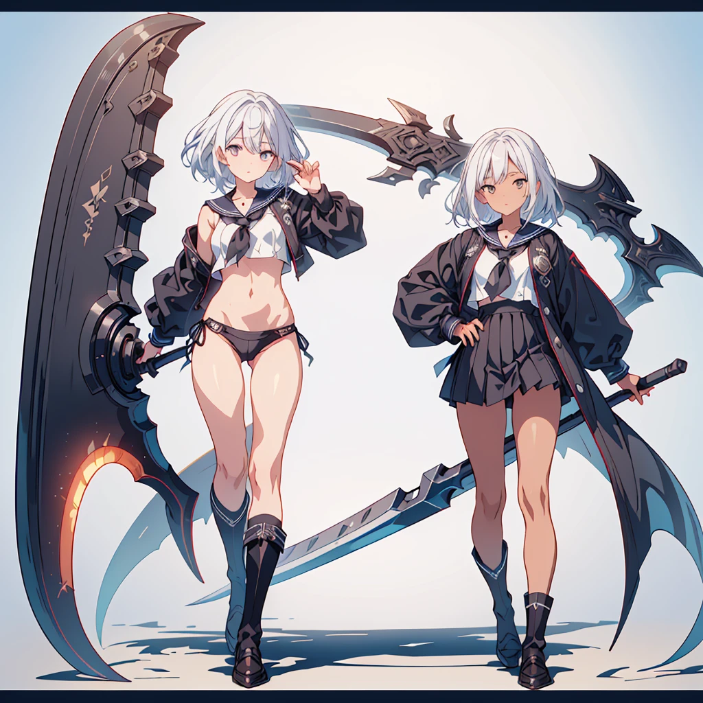 (masterpiece, Highest quality), (Perfect athletic body:1.2), (Fine hair), Very detailed, Anime Style, whole body, alone, Vampire Hunter, Black Sailor Suit, Big Grim Reaper Scythe, White hair and brown skin, high boots, Standing in the Wilderness,Navy blue knee socks,Black loafers、 8K high resolution, White Background, whole body,