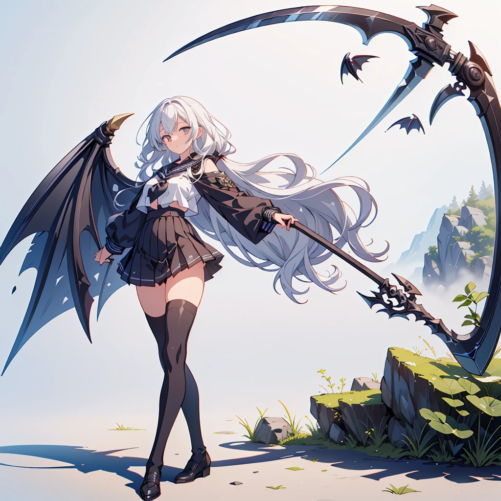 (masterpiece, Highest quality), (Perfect athletic body:1.2), (Fine hair), Very detailed, Anime Style, whole body, alone, Vampire Hunter, Black Sailor Suit, Big Grim Reaper Scythe, White hair and brown skin, high boots, Standing in the Wilderness,Navy blue knee socks,Black loafers、 8K high resolution, White Background, whole body,