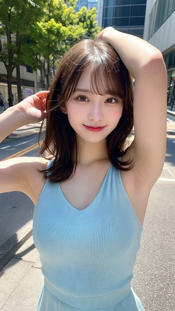 Tabletop, Highest quality, figure, Very detailed, In detail, High resolution, 8k wallpaper, Perfect dynamic composition, Beautiful attention to detail, dress,Medium Hair, Natural color lip, Random sexy poses,One hand raised above the head、Shiny Armpits、Wet armpits、smile,Aoyama Street Walk、24-year-old girl