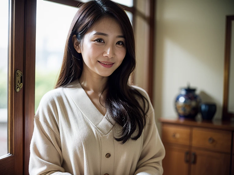 Highest quality、Masterpiece、Realistic、A striking image、Smiling Japanese woman、30 years old、Sweat、Long Hair、indoor、Very detailed、intrinsical、Fuji 55mm Film