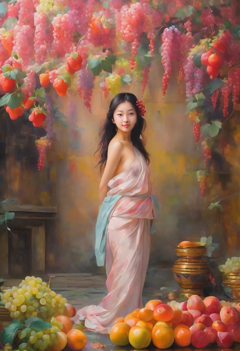A captivating painting of a serene Japanese girl, completely naked, nipples,  with a gentle and enchanting smile. She is standing on ground, a colorful array of fruits such as grapes, strawberries, and melons around her. The background is a blend of soft and vibrant colors, with a sense of tranquility and innocence. The overall composition exudes a dreamlike and ethereal atmosphere, reflecting the essence of innocent beauty.