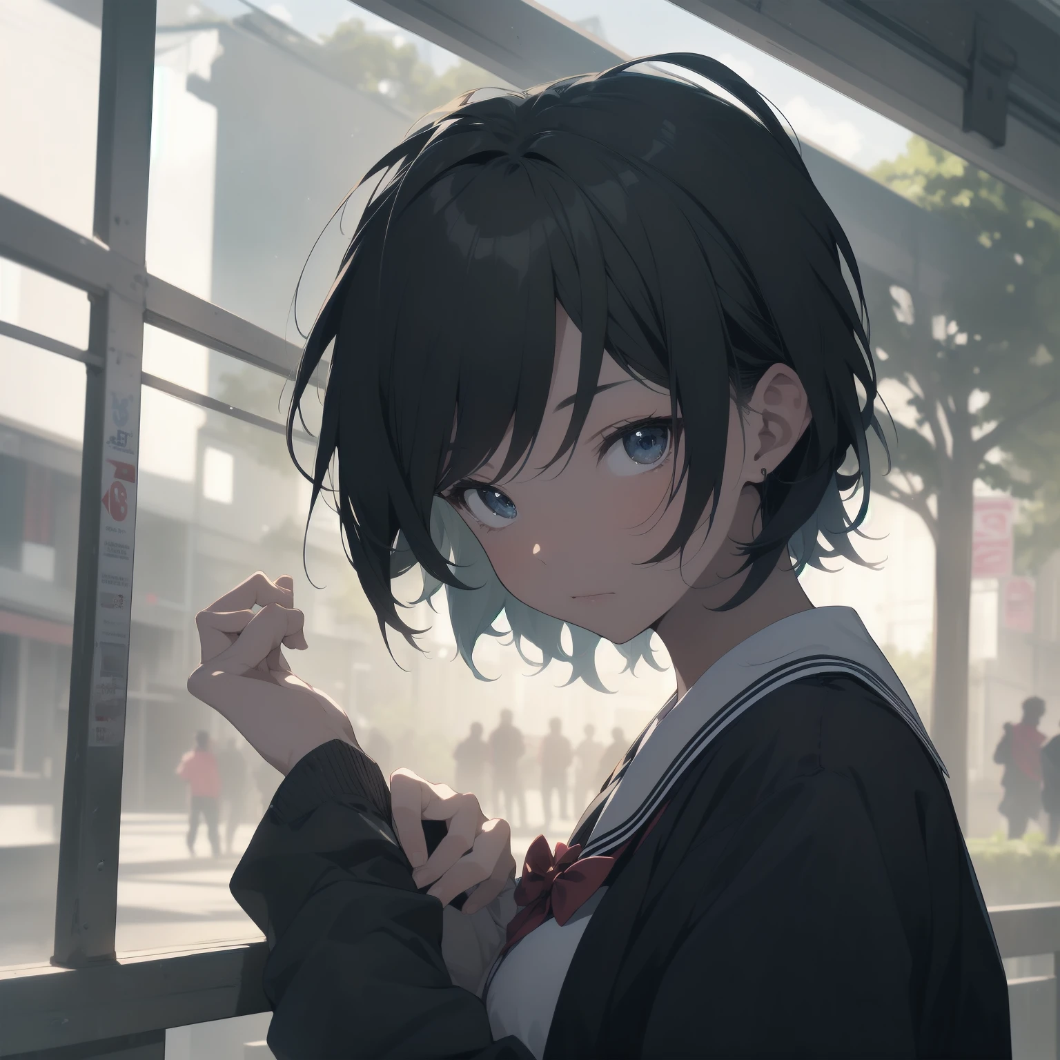 ultra-absurdres-Top quality by artist God, ultra-detailed, high resolution, anime moe artstyle, best anime 8k konachan wallpaper, pixiv contest winner, pool:2810, perfect anatomy,break, 1girl, (Please draw a girl walking sleepily to school alone. )break,(Solo,little female, 13-year-old:1.3),Full limbs, complete fingers,a junior high school student, (very short hair), short cut, flat chest, , small butt, small black eyes, beautiful detailed eyes, well-proportioned iris and pupils, expressive eyes, highres detailed hair, soft expression, salor school_uniform, sailor collar, serahuku, bow, pleated skirt,(Detailed Lighting), (Detailed background), in the School commute route. break,super detailed skin, Best cinematic lighting powered by famous artist, 8k,beauty illustration,photoshop_(medium),very aesthetic,break,((artist:kotorai )), artist:clamp ,artist:carnelian ,artist:kantoku ,