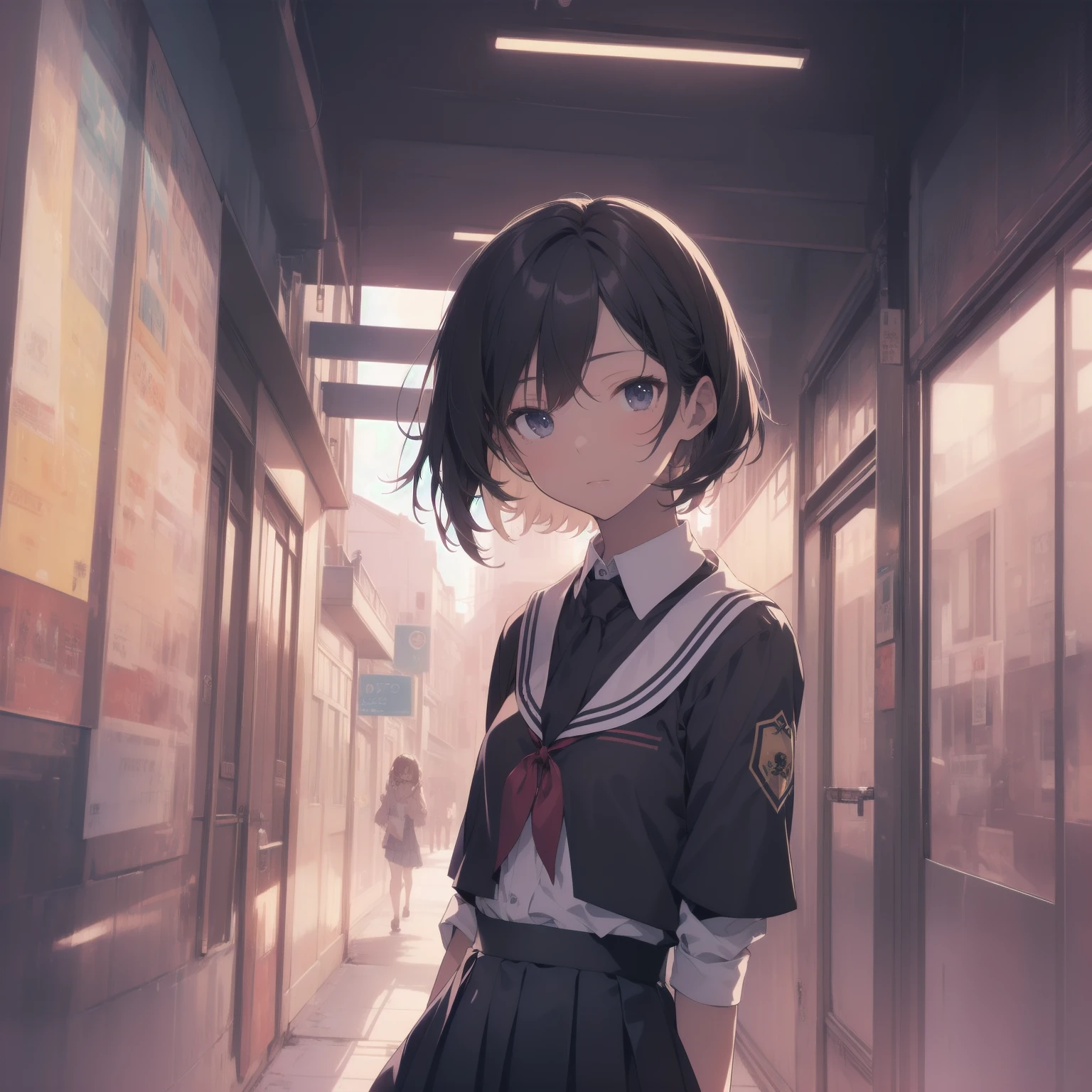 ultra-absurdres-Top quality by artist God, ultra-detailed, high resolution, anime moe artstyle, best anime 8k konachan wallpaper, pixiv contest winner, pool:2810, perfect anatomy,break, 1girl, (Please draw a girl walking sleepily to school alone. )break,(Solo,little female, 13-year-old:1.3),Full limbs, complete fingers,a junior high school student, (very short hair), short cut, flat chest, , small butt, small black eyes, beautiful detailed eyes, well-proportioned iris and pupils, expressive eyes, highres detailed hair, soft expression, salor school_uniform, sailor collar, serahuku, bow, pleated skirt,(Detailed Lighting), (Detailed background), in the School commute route. break,super detailed skin, Best cinematic lighting powered by famous artist, 8k,beauty illustration,photoshop_(medium),very aesthetic,break,((artist:kotorai )), artist:clamp ,artist:carnelian ,artist:kantoku ,
