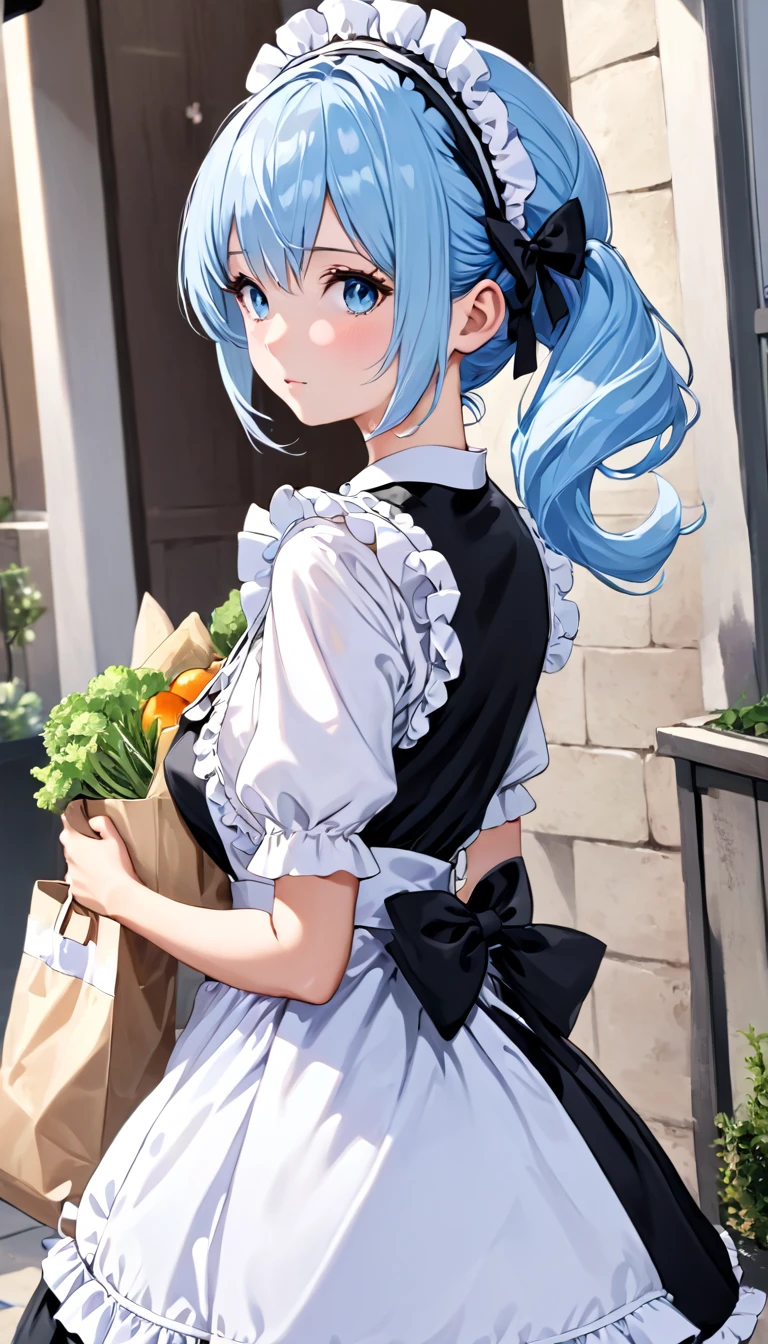 ((masterpiece)), ((best quality)), perfect detailed eyes, perfect detailed face, ultra-detailed nose, side ponytail, light blue hair, hair bow, Maid, maid outfit, Maid costume, frilly maid apron, Going out shopping, carrying a tote bag on her shoulder