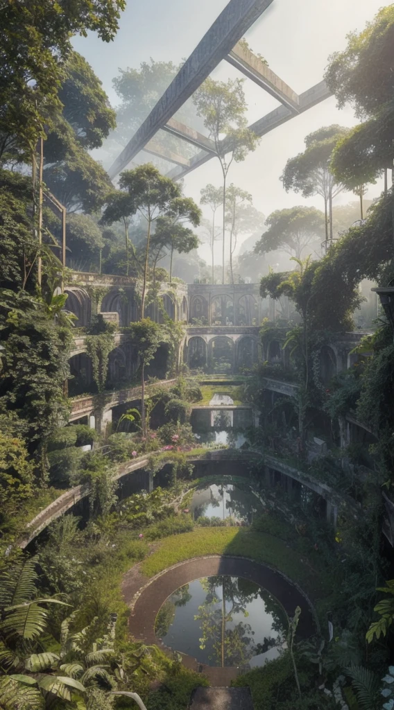 ruins, Shopping mall, overgrown with vegetation, high quality, High resolution, Extremely detailed, masterpiece, Intricate details, [Volumetric Fog], Cinema Lighting, Photographed with Canon EOS R5, 50mm lens, debt/2.8, High resolution, 8k resolution, colorful