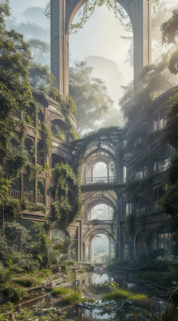 ruins, Shopping mall, overgrown with vegetation, high quality, High resolution, Extremely detailed, masterpiece, Intricate details, [Volumetric Fog], Cinema Lighting, Photographed with Canon EOS R5, 50mm lens, debt/2.8, High resolution, 8k resolution, colorful