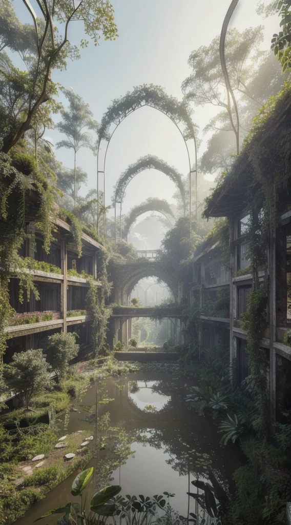 ruins, Shopping mall, overgrown with vegetation, high quality, High resolution, Extremely detailed, masterpiece, Intricate details, [Volumetric Fog], Cinema Lighting, Photographed with Canon EOS R5, 50mm lens, debt/2.8, High resolution, 8k resolution, colorful