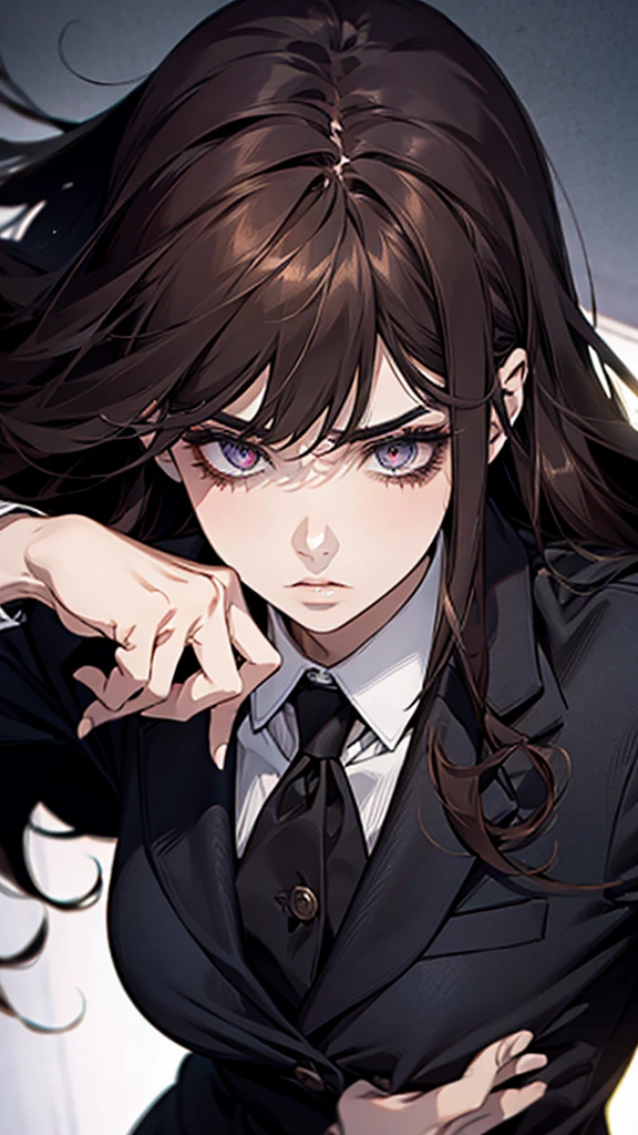 Woman, dark hair, dark eyes, long hair, fierce face, beautiful, office uniform.