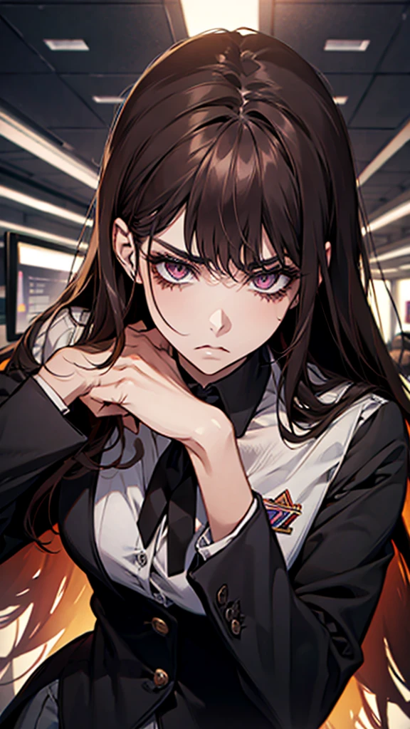 Woman, dark hair, dark eyes, long hair, fierce face, beautiful, office uniform.