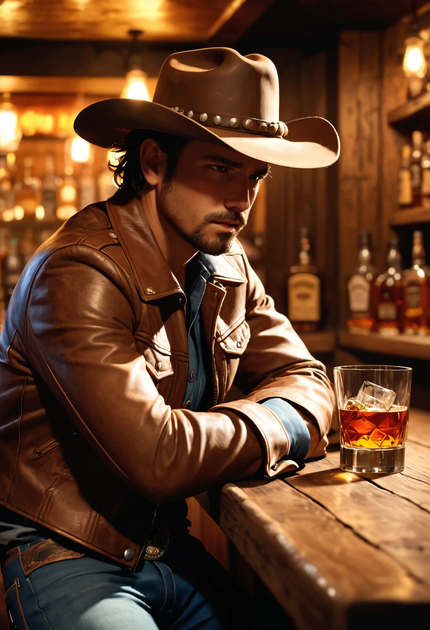 a cowboy drowned in alcohol at a western bar counter, 1 man, detailed realistic face, drinking whiskey, cowboy hat, messy hair, rough stubble, sad expression, worn leather jacket, dusty jeans, cowboy boots, wooden bar counter, glass of whiskey, dim lighting, warm brown tones, cinematic composition, moody atmosphere, (best quality,4k,8k,highres,masterpiece:1.2),ultra-detailed,(realistic,photorealistic,photo-realistic:1.37),cinematic lighting,dramatic shadows,depth of field