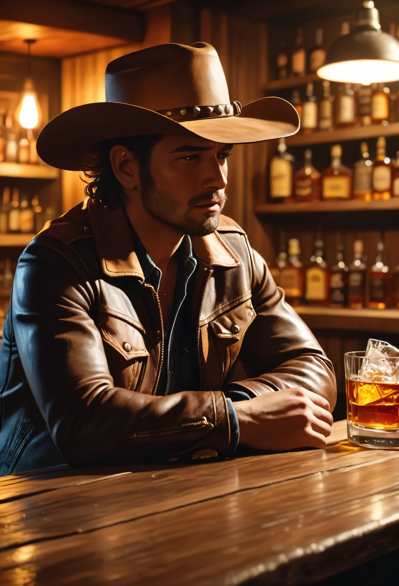 a cowboy drowned in alcohol at a western bar counter, 1 man, detailed realistic face, drinking whiskey, cowboy hat, messy hair, rough stubble, sad expression, worn leather jacket, dusty jeans, cowboy boots, wooden bar counter, glass of whiskey, dim lighting, warm brown tones, cinematic composition, moody atmosphere, (best quality,4k,8k,highres,masterpiece:1.2),ultra-detailed,(realistic,photorealistic,photo-realistic:1.37),cinematic lighting,dramatic shadows,depth of field