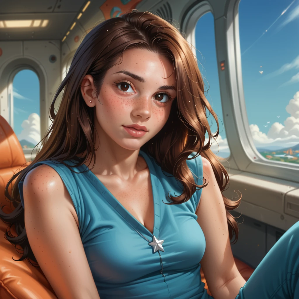 (GeGe:1.8), brunette, brown eyes, woman, (freckles:1.5),  sexy woman with long hair and hot clothes sits on a seat in a spaceship and the window can show beautiful stars,futurama style