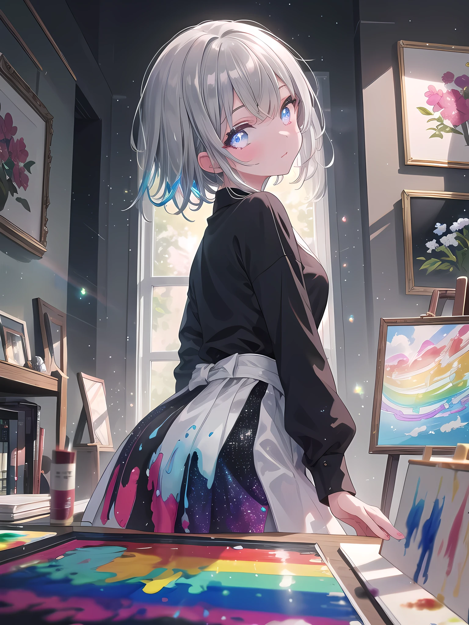 ((8k, best quality, master piece: 1.3)),super high resolution,(1 girl, solo), (colorshift eyes, hyperdetailed, expressive sparkling, glitter, glowing eyes), ultra detailed eyes, ultra-detailed face, random hair, ((silver gray color)),Draw a painting in her living room. The girl is wearing colorful painted clothing and is painting on a canvas. There are painting supplies and paintings in the background and bright natural light is illuminating the living room. The camera angle should be from behind the canvas, capturing the girl's perspective. The colors are colorful paint hues, with details in the painting and texture of the painted clothing.A stunning scene with a vibrant rainbow lens flare effect. The light source is positioned behind the main subject, creating a spectrum of colors that spread across the image. The light reflects off various surfaces, adding a magical and dreamy quality to the scene. The background is slightly blurred to emphasize the glowing and shimmering effect of the lens flare.