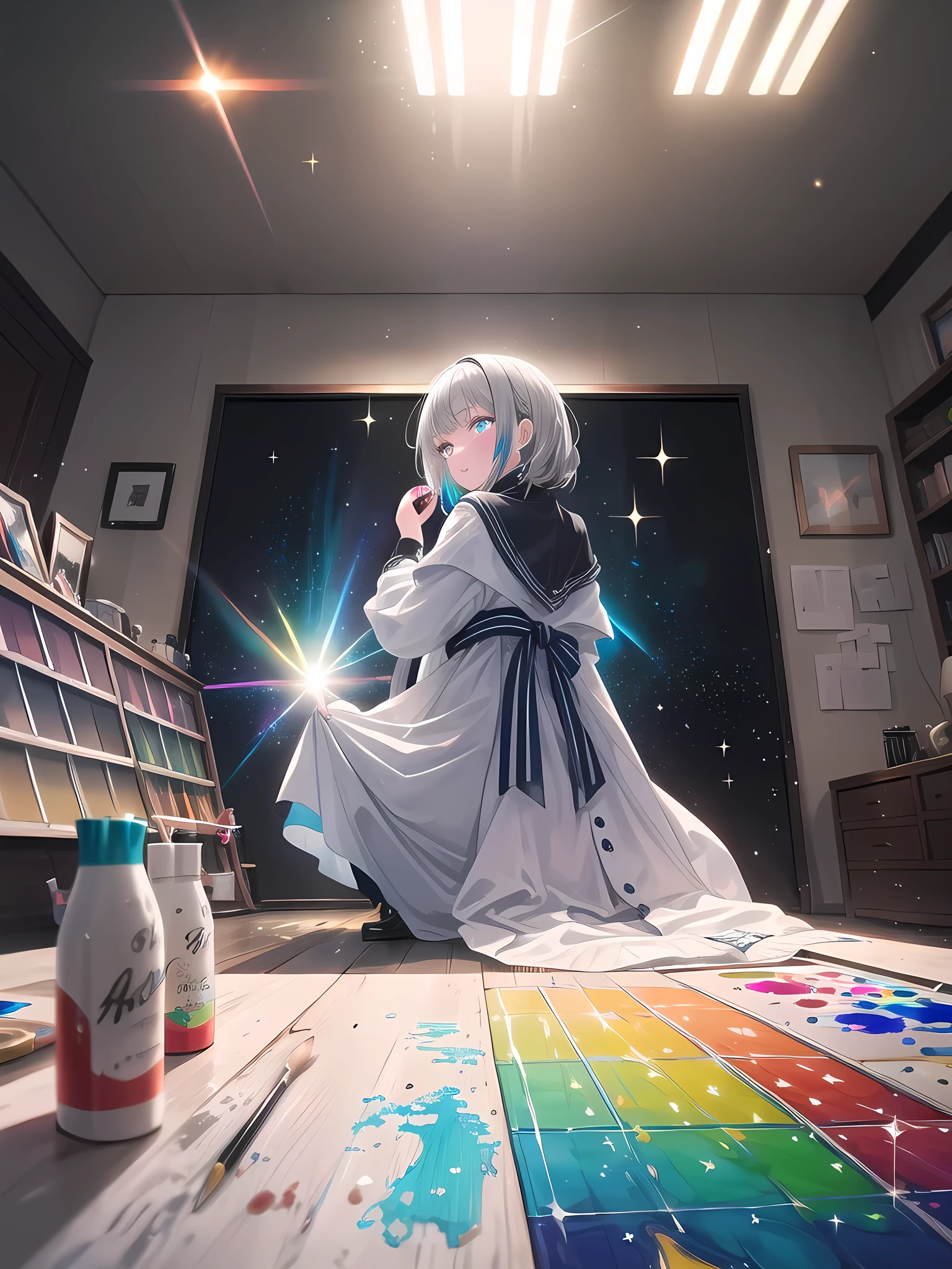 ((8k, best quality, master piece: 1.3)),super high resolution,(1 girl, solo), (colorshift eyes, hyperdetailed, expressive sparkling, glitter, glowing eyes), ultra detailed eyes, ultra-detailed face, random hair, ((silver gray color)),Draw a -yeld gipainting in her living room. The girl is wearing colorful painted clothing and is painting on a canvas. There are painting supplies and paintings in the background and bright natural light is illuminating the living room. The camera angle should be from behind the canvas, capturing the girl's perspective. The colors are colorful paint hues, with details in the painting and texture of the painted clothing.A stunning scene with a vibrant rainbow lens flare effect. The light source is positioned behind the main subject, creating a spectrum of colors that spread across the image. The light reflects off various surfaces, adding a magical and dreamy quality to the scene. The background is slightly blurred to emphasize the glowing and shimmering effect of the lens flare.
