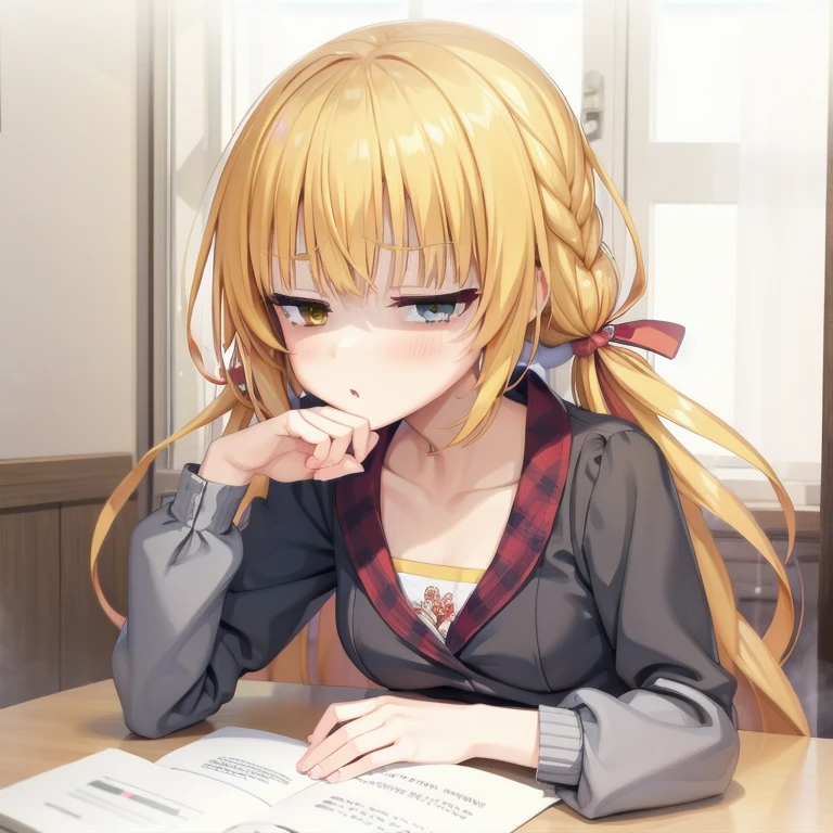 (Tabletop:1.0), (highest quality:1.4), (High resolution:1.2), From the side,Sharp contours,  boyish, highest quality, masterpiece,Glasses,Voice of the Heart,20-year-old woman,yandere,Big Breasts,Chest to chest,Lying face down,Upper Body,Ecstasy,blush,Squint your eyes,Heterochromia iridis,Tuck up your clothes,lure