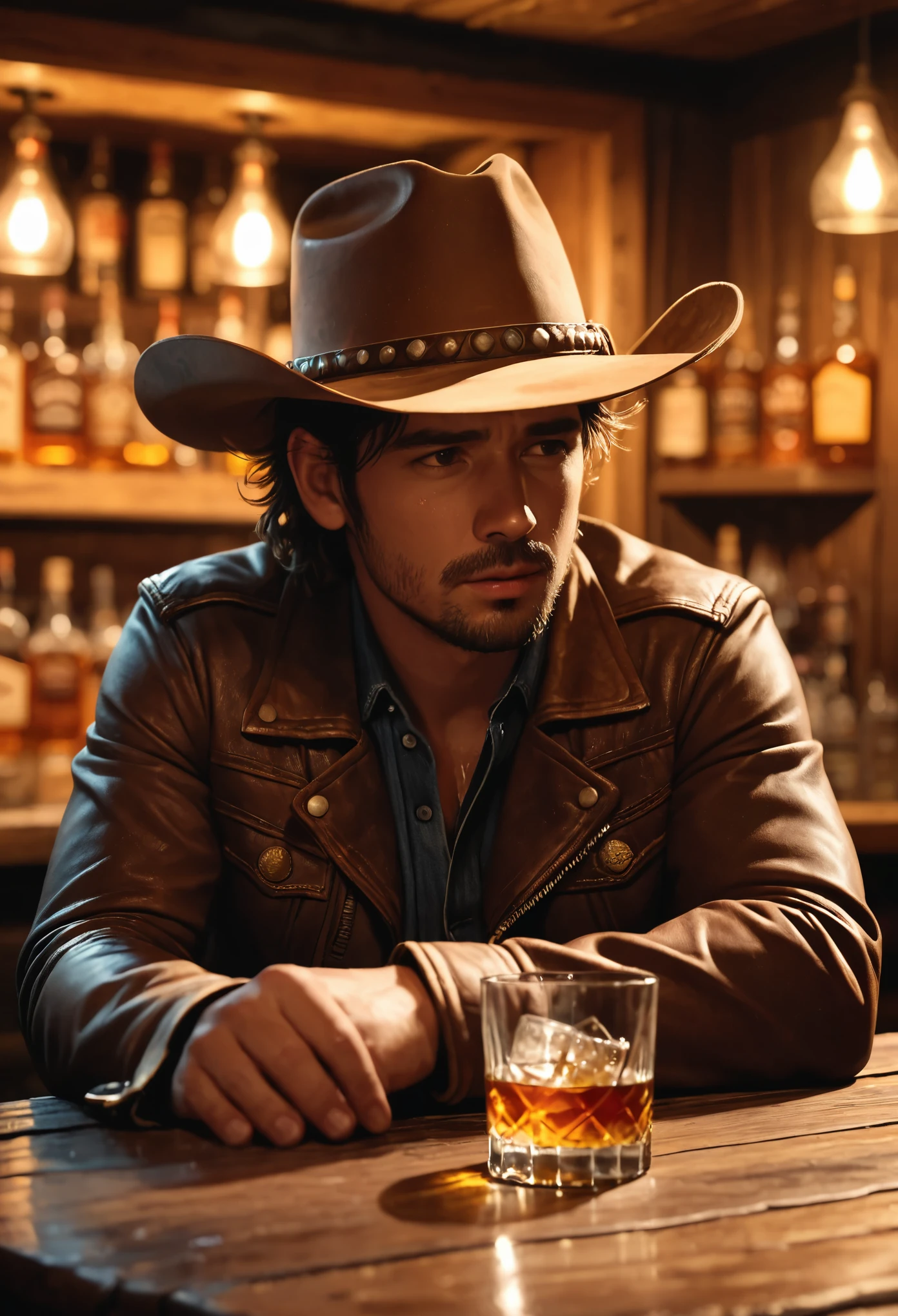 a cowboy drowned in alcohol at a western bar counter, 1 man, detailed realistic face, drinking whiskey, cowboy hat, messy hair, rough stubble, sad expression, worn leather jacket, dusty jeans, cowboy boots, wooden bar counter, glass of whiskey, dim lighting, warm brown tones, cinematic composition, moody atmosphere, (best quality,4k,8k,highres,masterpiece:1.2),ultra-detailed,(realistic,photorealistic,photo-realistic:1.37),cinematic lighting,dramatic shadows,depth of field