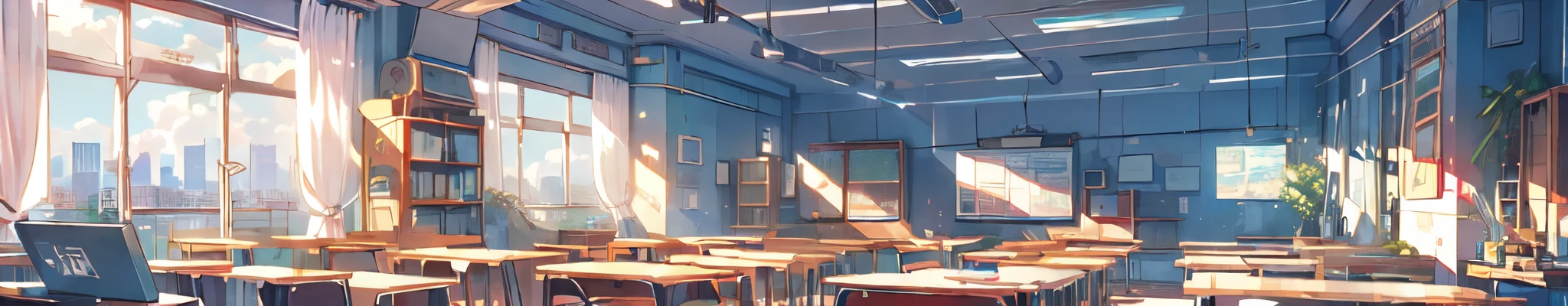 (masterpiece:1.2), highest quality,Pixiv,Pleasant animation scenes,room,in room,house,game,cityscape, city,building, window, cloud, indoor, computer, Book,table, clock,No humans,monitor, cyber