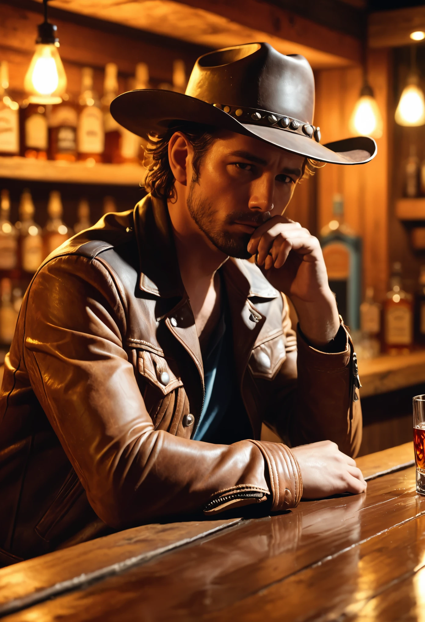 a cowboy drowned in alcohol at a western bar counter, 1 man, detailed realistic face, drinking whiskey, cowboy hat, messy hair, rough stubble, sad expression, worn leather jacket, dusty jeans, cowboy boots, wooden bar counter, glass of whiskey, dim lighting, warm brown tones, cinematic composition, moody atmosphere, (best quality,4k,8k,highres,masterpiece:1.2),ultra-detailed,(realistic,photorealistic,photo-realistic:1.37),cinematic lighting,dramatic shadows,depth of field