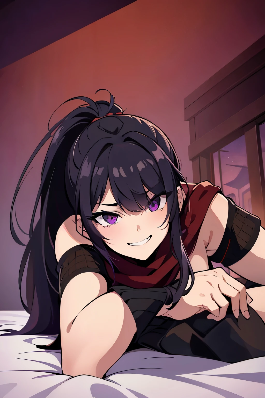 (masterpiece), best quality, expressive eyes, perfect face, a ninja woman, a red bed, arms rest on the bed, black long hair, (hair over one eye), bangs, pony tail, mid close eyes, purple eyes, smug smile, teeth fang, dark scarf, dark purple sleeveless suit, fishnet, black sleeves on arms, ((shot from below)), ((wide angle view)), ((looming over viewer)), red sky night indoor scenery