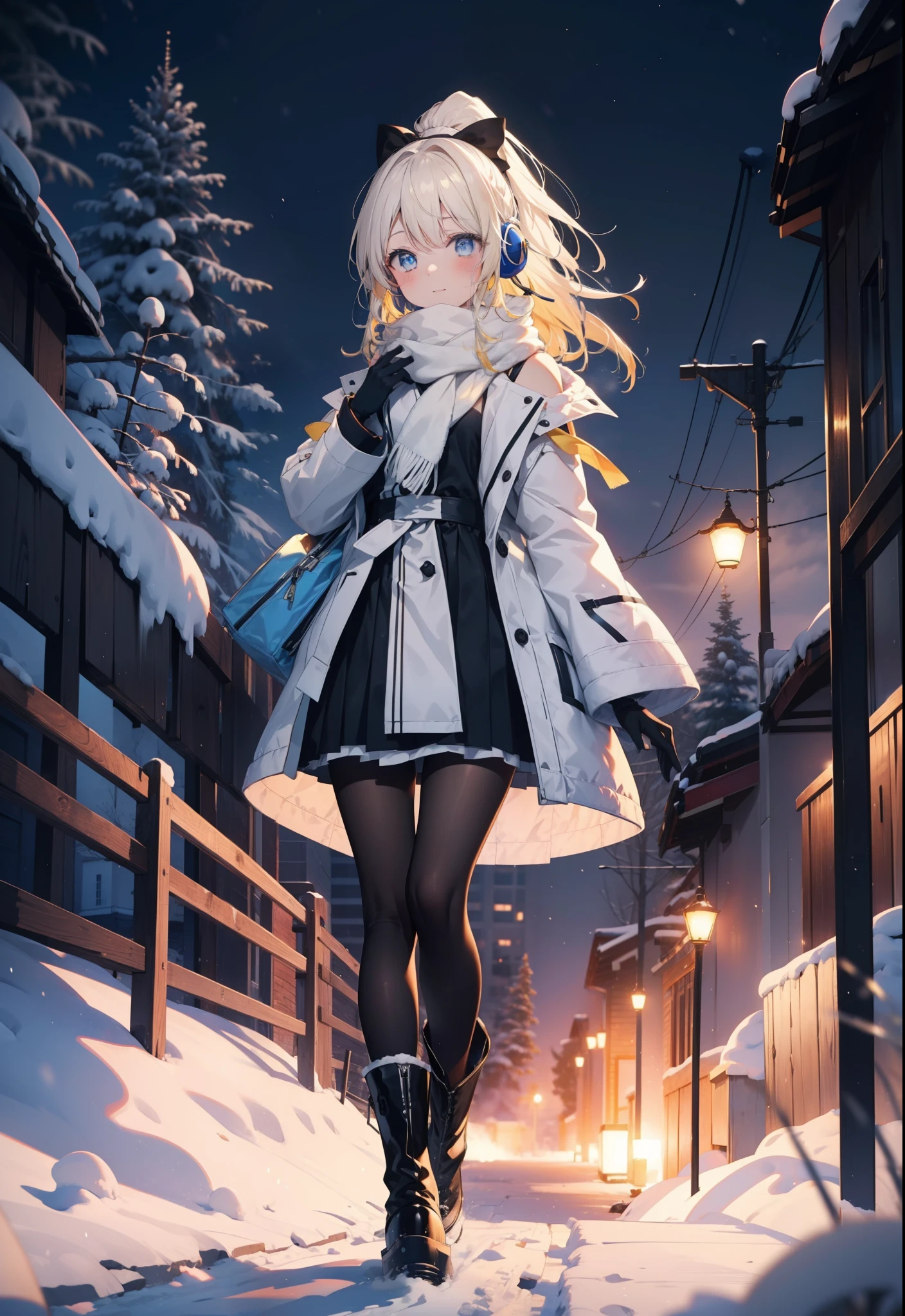 Eliase, catalyst, Yellow Hair, blue eyes, Long Hair,Hair Ribbon,ponytail,Earmuffs,smile,blush,Open your mouth,White Breath,White scarf,Light blue long coat,White long skirt,Black pantyhose,short boots,Walking,snowが降っている,snowが積もっている,snow,snow,snow,night,whole bodyがイラストに入るように,
break looking at viewer,whole body,
break outdoors,Residential Street,
break (masterpiece:1.2), Highest quality, High resolution, unity 8k wallpaper, (figure:0.8), (Beautiful attention to detail:1.6), Highly detailed face, Perfect lighting, Highly detailed CG, (Perfect hands, Perfect Anatomy),