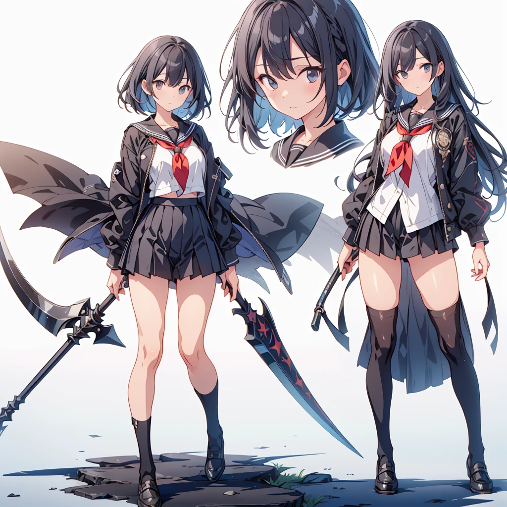 (masterpiece, Highest quality), (Perfect athletic body:1.2), (Fine hair), Very detailed, Anime Style, whole body, alone, Vampire Hunter, Black Sailor Suit, Big Grim Reaper Scythe, Black Hair, high boots, Standing in the Wilderness,Navy blue knee socks,Black loafers、 8K high resolution, White Background, whole body,