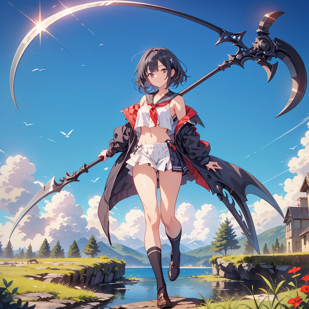 (masterpiece, Highest quality), (Perfect athletic body:1.2), (Fine hair), Very detailed, Anime Style, whole body, alone, Vampire Hunter, Black Sailor Suit, Big Grim Reaper Scythe, Black Hair, high boots, Standing in the Wilderness,Navy blue knee socks,Black loafers、 8K high resolution, White Background, whole body,