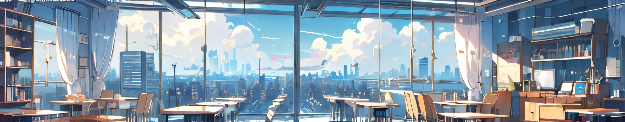 (masterpiece:1.2), highest quality,Pixiv,Pleasant animation scenes,room,in room,house,game,cityscape, city,building, window, cloud, indoor, computer, Book,table, clock,No humans,monitor, cyber