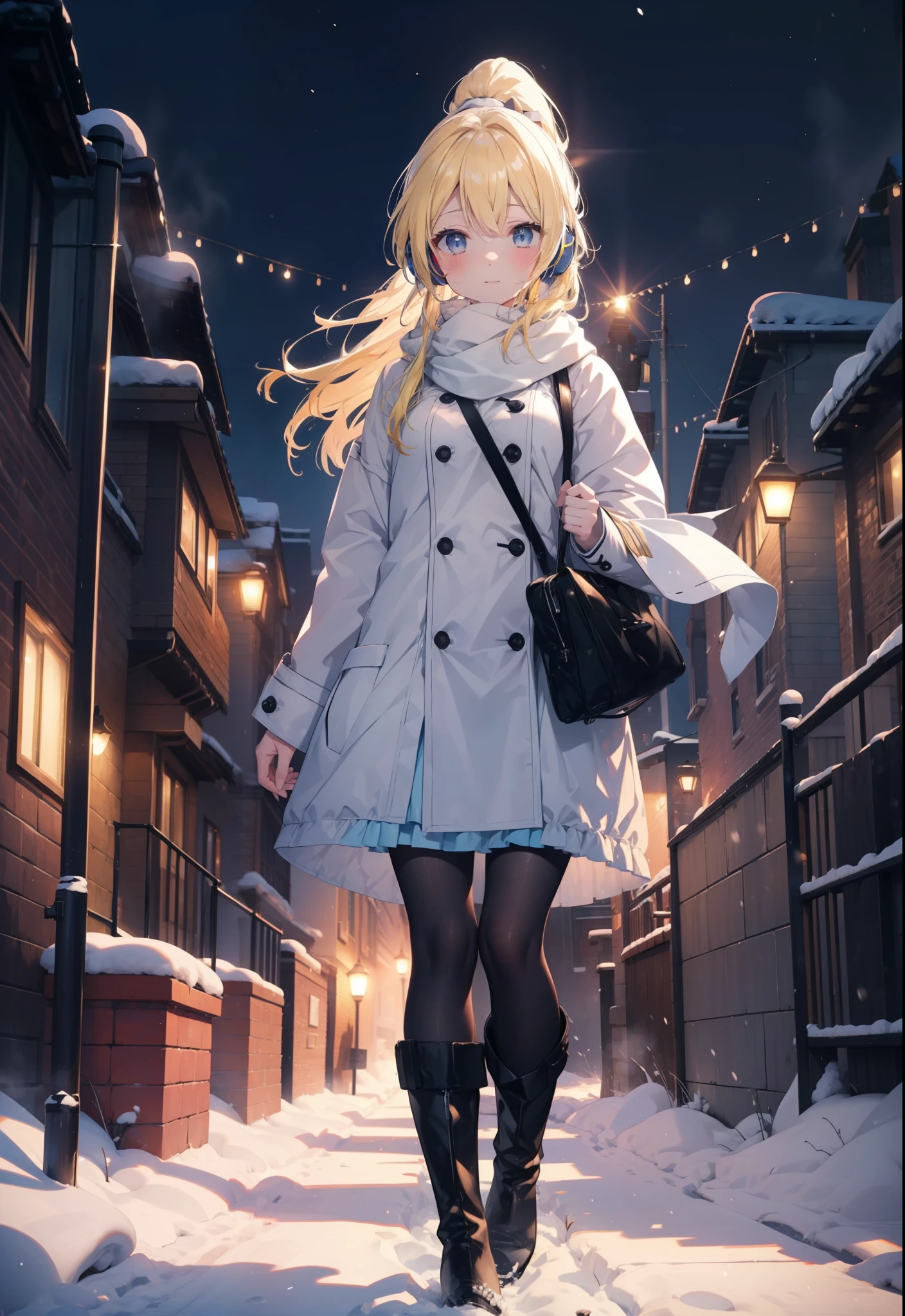 Eliase, catalyst, Yellow Hair, blue eyes, Long Hair,Hair Ribbon,ponytail,Earmuffs,smile,blush,Open your mouth,White Breath,White scarf,Light blue long coat,White long skirt,Black pantyhose,short boots,Walking,snowが降っている,snowが積もっている,snow,snow,snow,night,whole bodyがイラストに入るように,
break looking at viewer,whole body,
break outdoors,Residential Street,
break (masterpiece:1.2), Highest quality, High resolution, unity 8k wallpaper, (figure:0.8), (Beautiful attention to detail:1.6), Highly detailed face, Perfect lighting, Highly detailed CG, (Perfect hands, Perfect Anatomy),