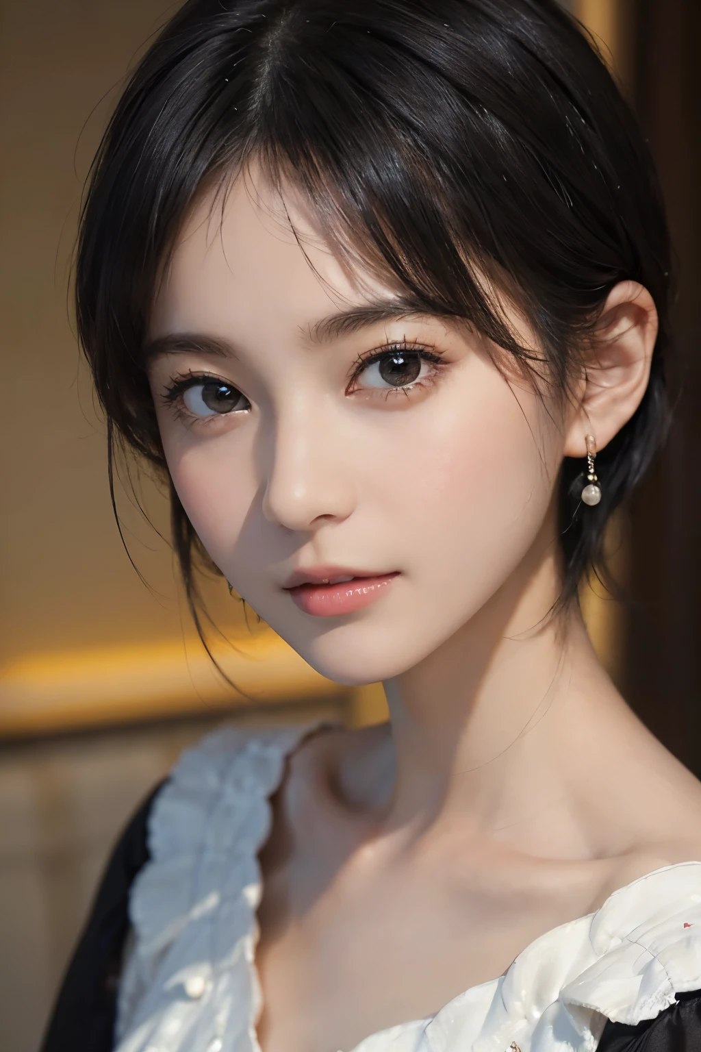 (((Black Short Hair))), (Louvre Museum), Seductive pose, Background is grassland、Image from chest up:1.6)、Close-up portrait of a woman wearing a white off-the-shoulder top dress and earrings, Soft portrait shot 8k, Nice delicate face, High-quality 4K portraits, High-quality portraits, Soft, perfect, pale skin, 8K Highly Detailed Face, なbeautiful繊細な顔, beautiful光の大きな目, Beautiful and realistic face, beautiful14Old woman, Beautiful and realistic face, cute14Old woman