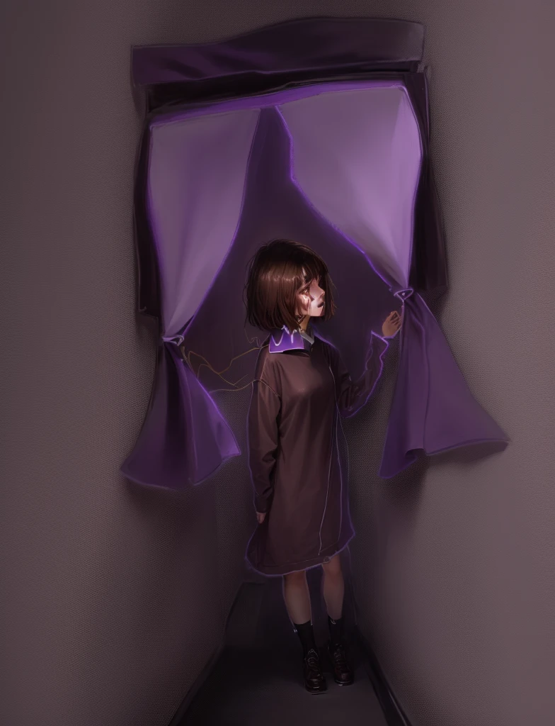 female,Brown Hair, short hair, Purple eyes, Young man 20 years old, Shirt dress, sad, Are crying, Dynamic pose, alone