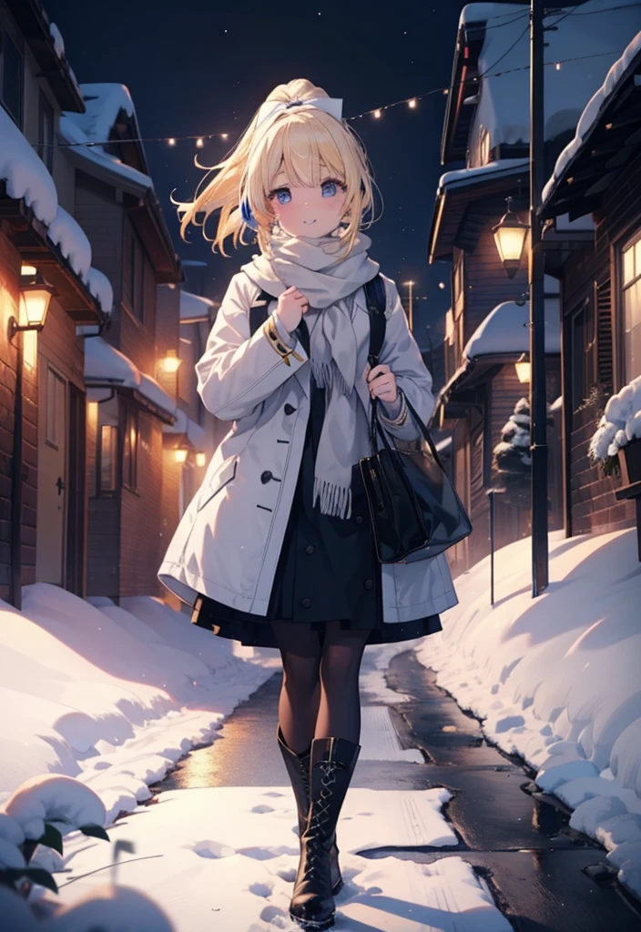 Eliase, catalyst, Yellow Hair, blue eyes, Hair Ribbon,ponytail,Earmuffs,smile,blush,Open your mouth,White Breath,White scarf,Light blue long coat,White long skirt,Black pantyhose,short boots,Walking,snowが降っている,snowが積もっている,snow,snow,snow,night,whole bodyがイラストに入るように,
break looking at viewer,whole body,
break outdoors,Residential Street,
break (masterpiece:1.2), Highest quality, High resolution, unity 8k wallpaper, (figure:0.8), (Beautiful attention to detail:1.6), Highly detailed face, Perfect lighting, Highly detailed CG, (Perfect hands, Perfect Anatomy),