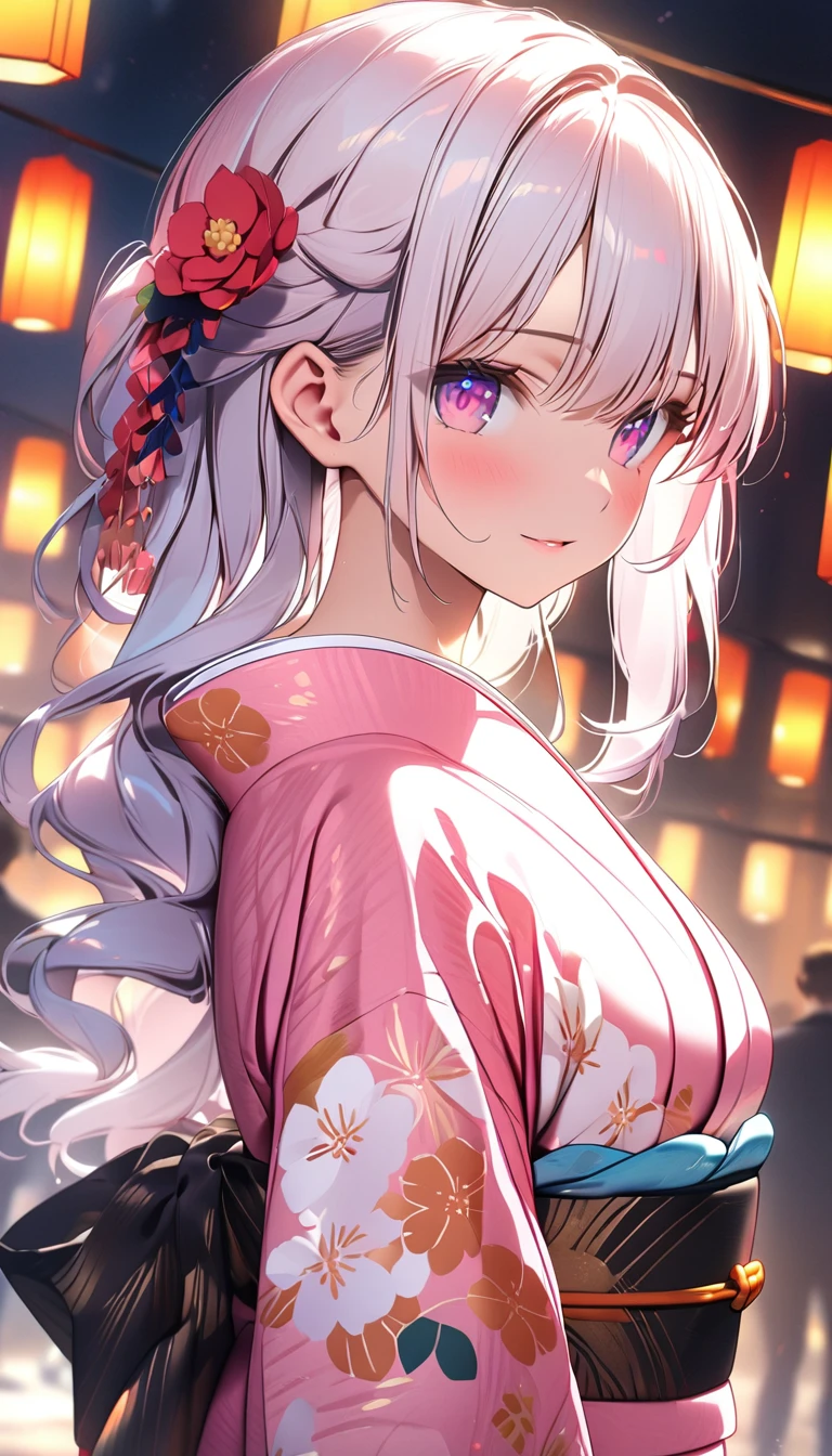 (Best quality, 8k, 32k, Masterpiece, UHD,:1.2),RAW, 1girl,ultra cute , natural lighting,transparent shining eyes, 20yo ,fair complexion, solo, female,  white hair, yukata, sexy, 